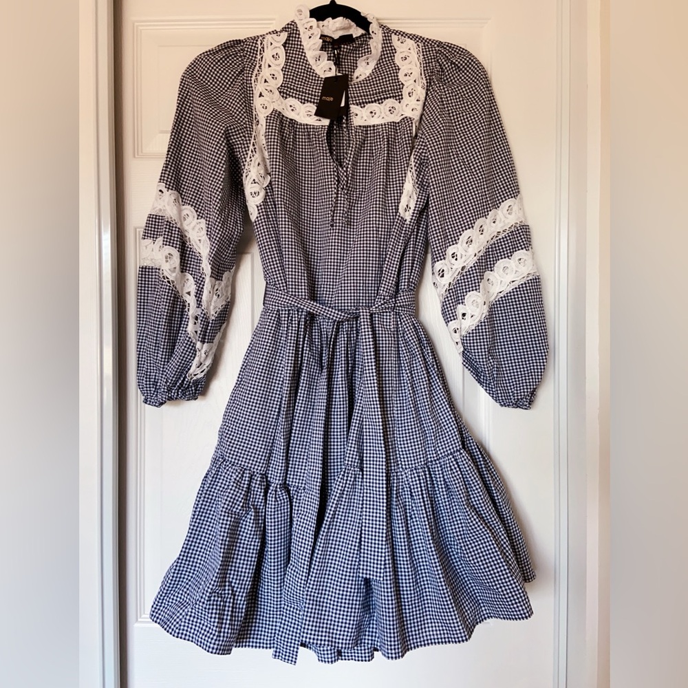 NWT $385 Maje Ritchy Gingham & Lace Dress White Size 40 - Picture 5 of 8